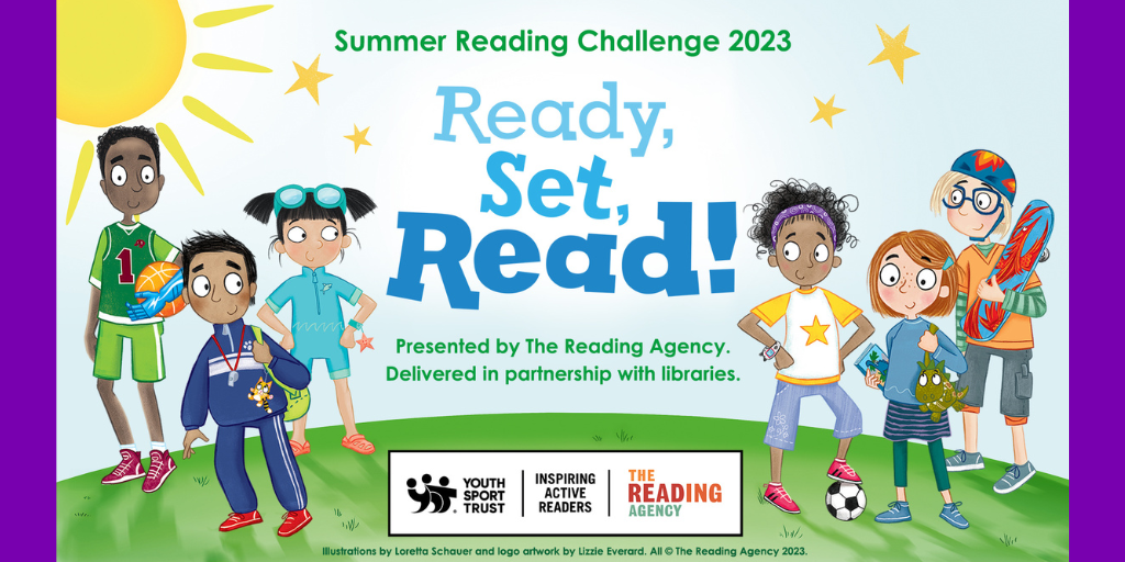 Poster showing cartoon images of children playing sports, promoting the Summer Reading Challenge 2023, with the words Ready, Set, Read.