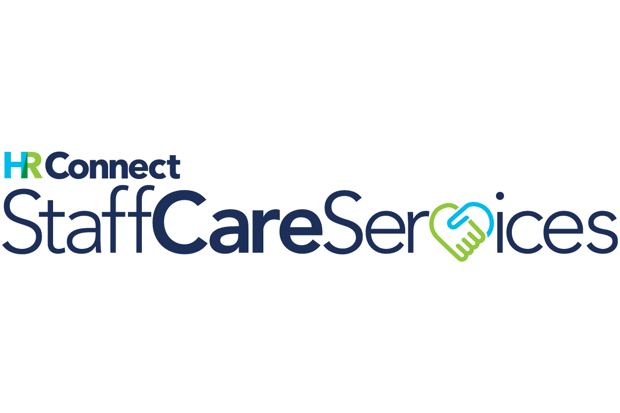 Logo of HR Connect Staff Care Services with Care in bold. Two hands forming a heart shape replace the v in Services, suggesting support and connection.
