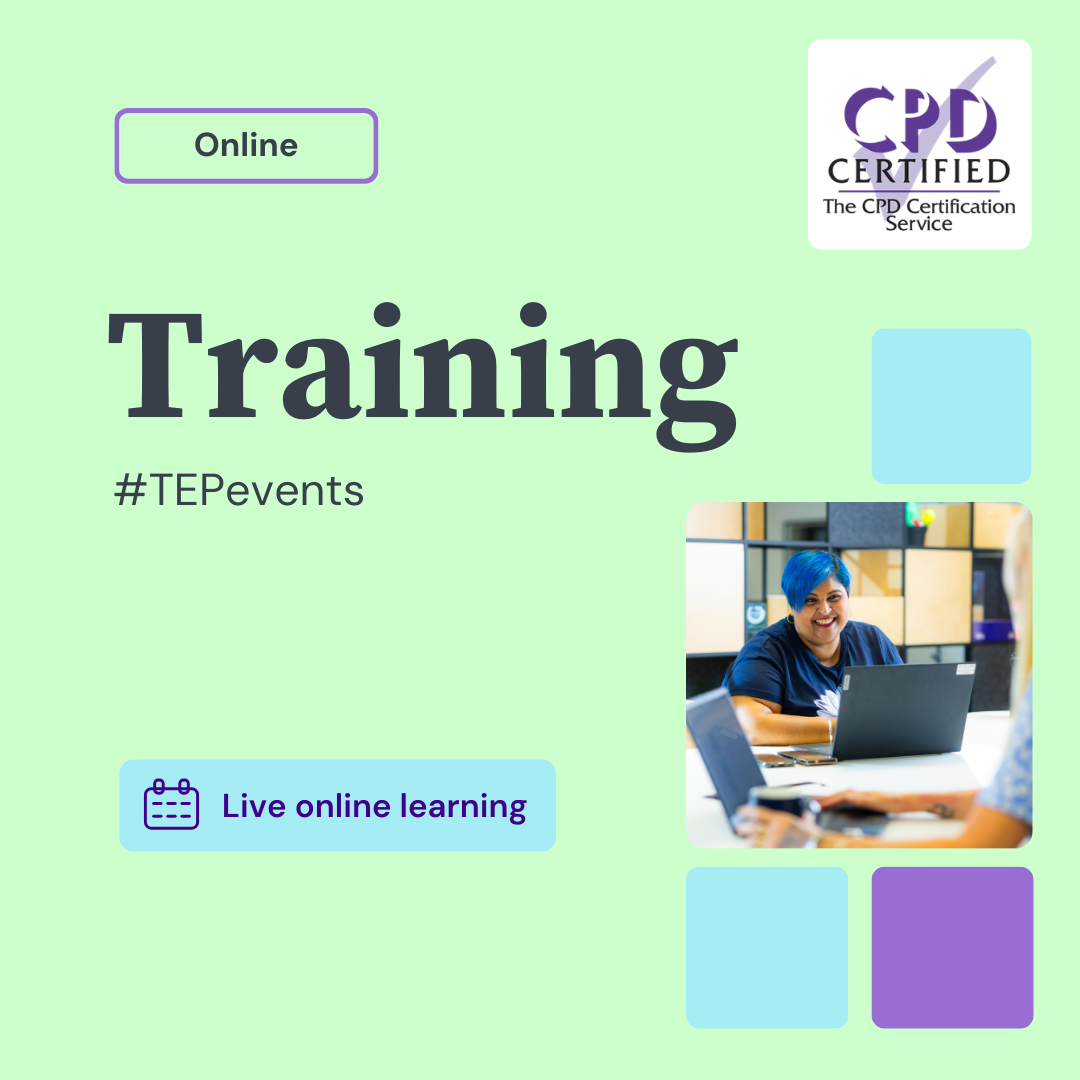 Face-to-face training poster in mint green with CPD Certified logo, a smiling person using a laptop, and text highlighting online learning.