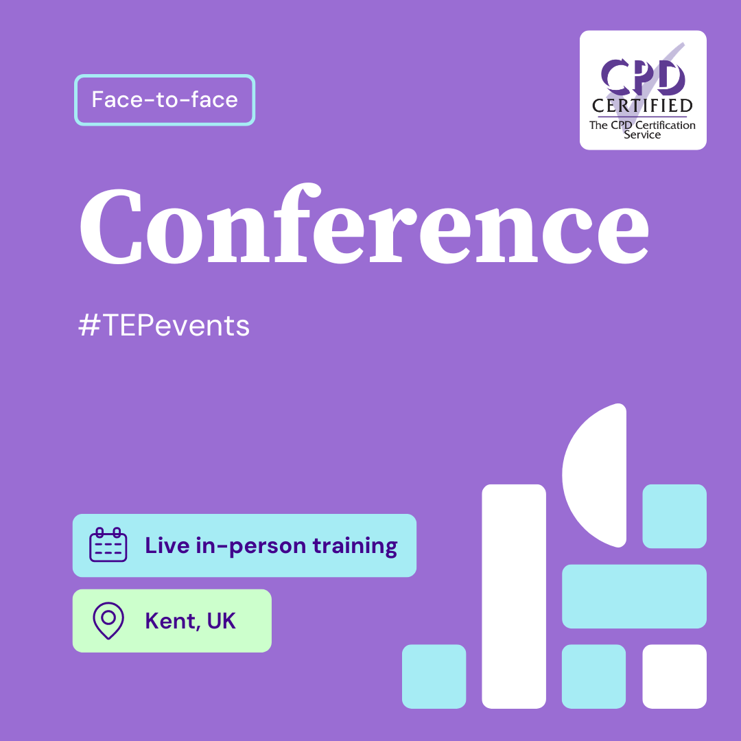 Purple background with Conference in large white text. Hashtags, Face-to-face label, training details, CPD logo and geometric shapes. 