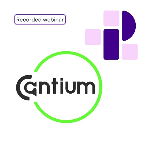 Logo with the word Cantium in black, encircled by a green ring. The words Recorded webinar is in a purple box. Purple geometric shapes sit on the top right.