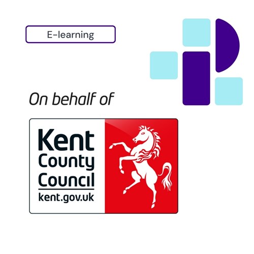 The image features a graphic promoting e-learning services. At the top, the label E-learning is displayed within a purple-bordered rectangle. On the right, a modern logo of geometric shapes in shades of purple and teal is shown. Below, the text reads On behalf of leads to the Kent County Council logo—a white horse standing on its hind legs against a split red and white background. 